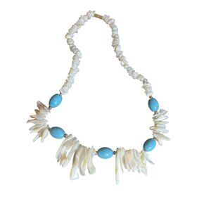 White Mother of Pearl Necklace Beachy Surfer Turquoise Heishi Turquoise Beads